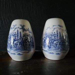 Pair of Vintage Blue and White Myott Royal Mail Salt and Pepper Shaker